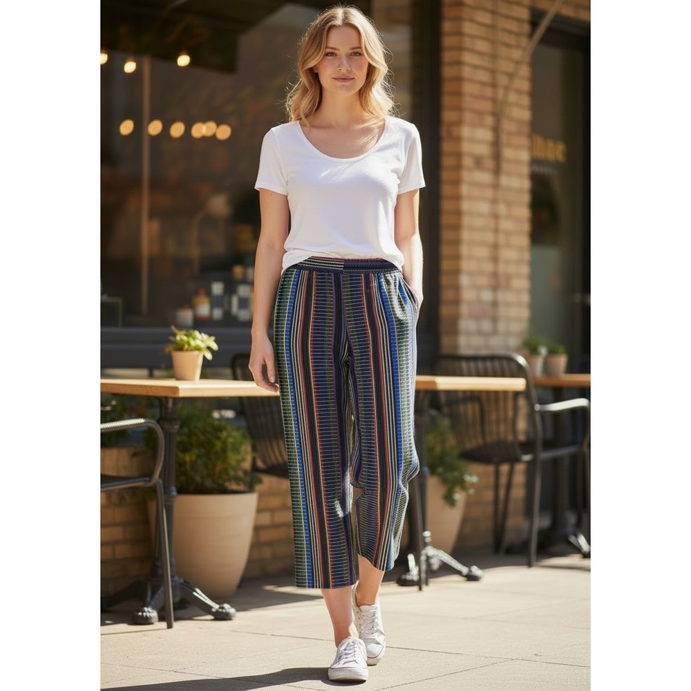 LOFT Petites Striped Wide Leg Crop Pants Multicolor High Rise Trouser 6P Retro